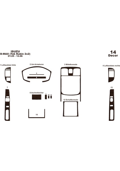 Isuzu D Max Tek Kabin 2x2 Konsol-Torpido Kaplama 2005-2006 14 Pa Koyu Meşe