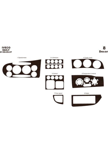 Iveco Daily City Konsol-Torpido Kaplama 1999-2007 8 Parça Koyu Meşe