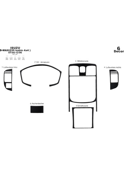 Isuzu D Max Çift Kabin 4x4 Konsol-Torpido Kaplama 2005-2006 6 P Siyah Karbon