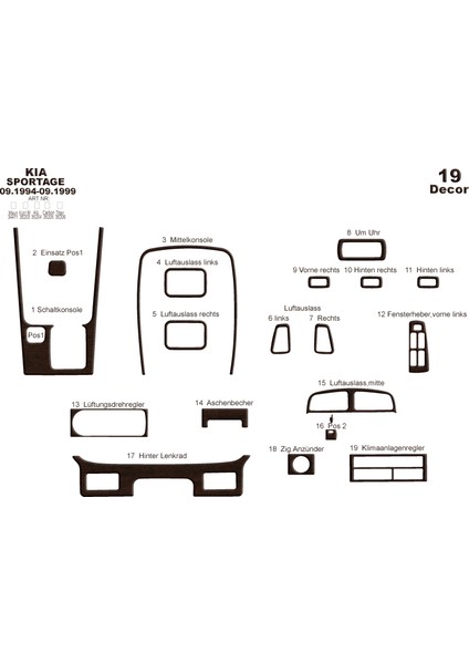 Kia Sportage Konsol-Torpido Kaplama 1994-1999 19 Parça Koyu Meşe
