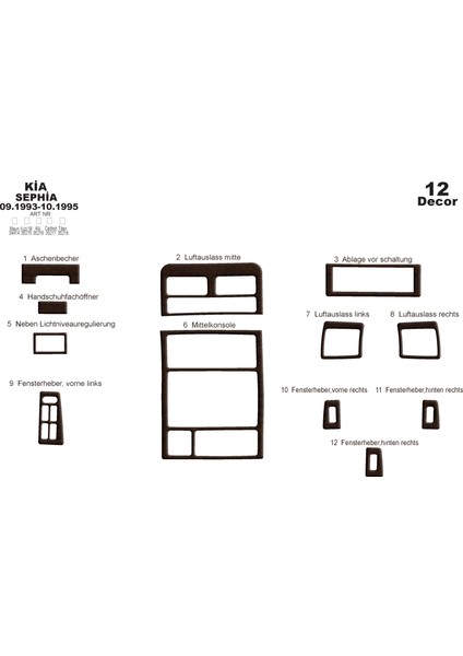 Kia Sephia Konsol-Torpido Kaplama 1993-1995 12 Parça Koyu Meşe