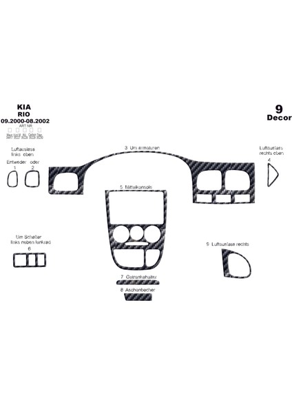 Kia Rio Konsol-Torpido Kaplama 2000-2002 9 Parça Karbon