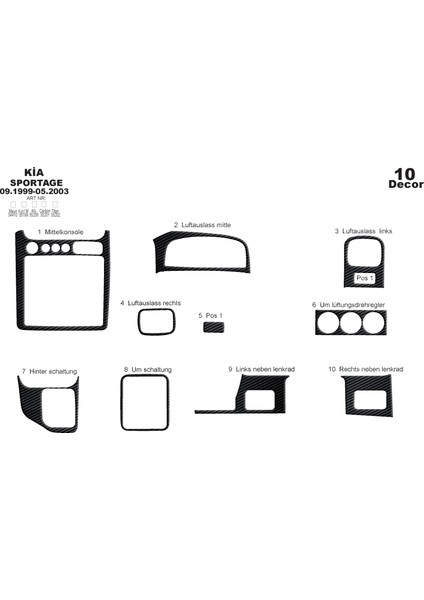 Kia Sportage Konsol-Torpido Kaplama 1999-2003 10 Parça Siyah Karbon