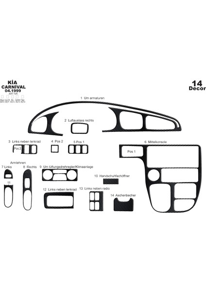 Kia Carnival Konsol-Torpido Kaplama 1999 14 Parça Siyah Karbon
