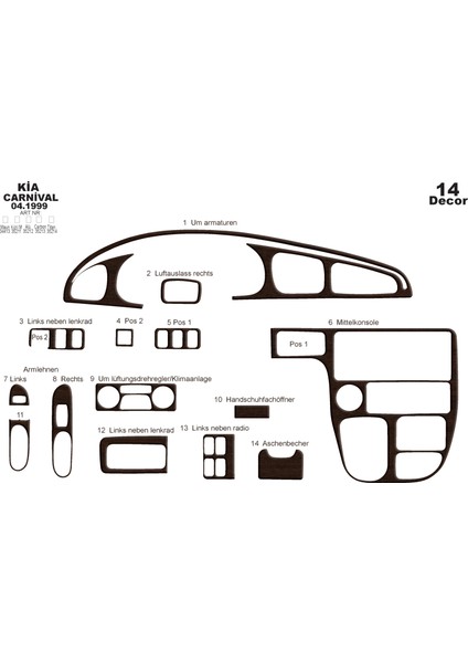 Kia Carnival Konsol-Torpido Kaplama 1999 14 Parça Koyu Meşe
