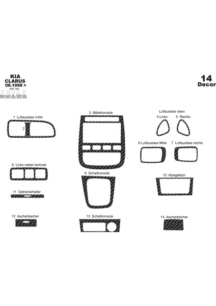 Kia Clarus Konsol-Torpido Kaplama 1998 14 Parça Karbon