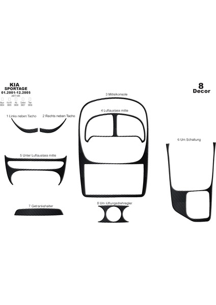 Kia Sportage Konsol-Torpido Kaplama 2001-2005 8 Parça Siyah Karbon
