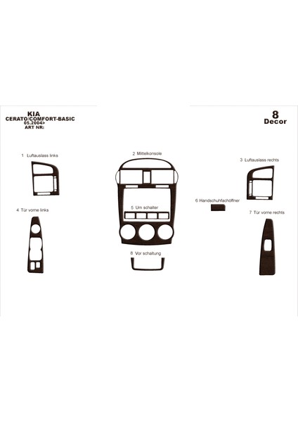Kia Cerato Lx Sedan Konsol-Torpido Kaplama 2004-2007 8 Parça Koyu Meşe