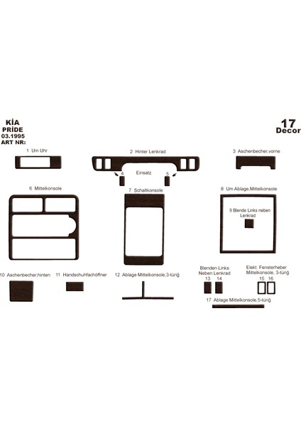 Kia Pride Konsol-Torpido Kaplama 1995 17 Parça Koyu Meşe