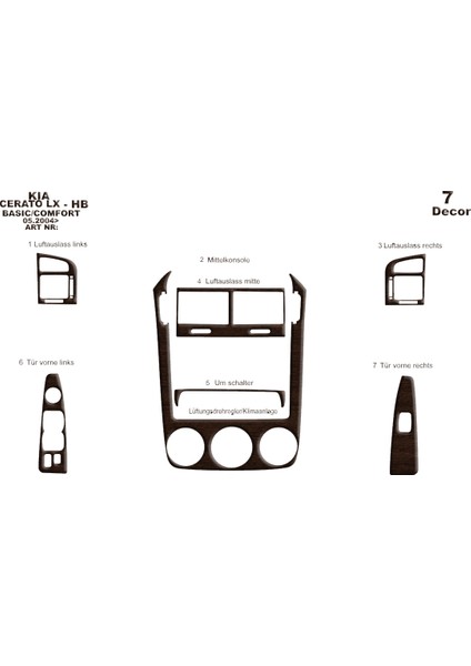 Kia Cerato Lx Hb Konsol-Torpido Kaplama 2004-2007 7 Parça Koyu Meşe