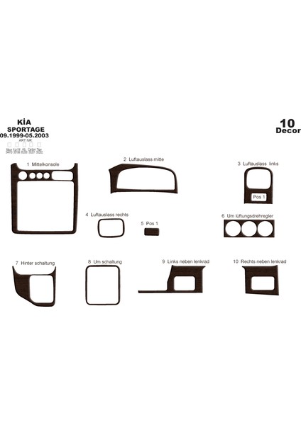 Kia Sportage Konsol-Torpido Kaplama 1999-2003 10 Parça Koyu Meşe