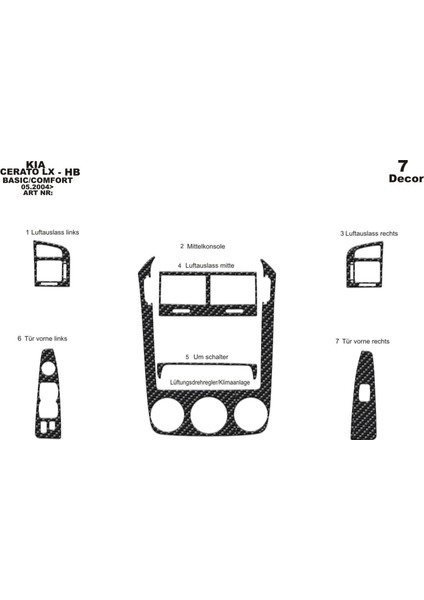 Kia Cerato Lx Hb Konsol-Torpido Kaplama 2004-2007 7 Parça Karbon