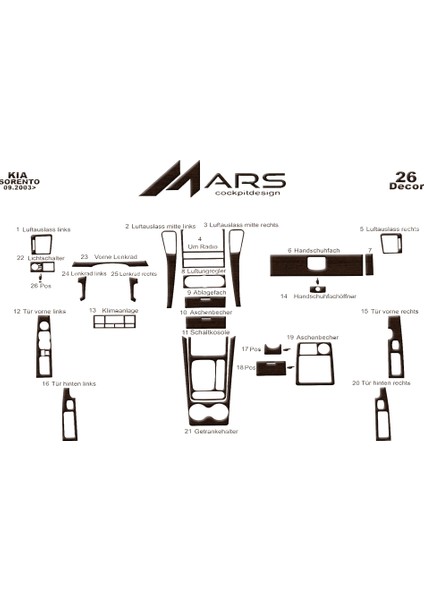 Kia Sorento Torpido Piano Black Kaplama 2003 - 26 Parça Koyu Meşe