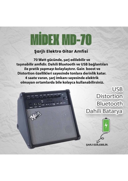 Md-70-Hd Şarjlı 70 Watt Bateri Davul Amfi - RS-30 Kulaklık - 3 Metre Jak Enstrüman Kablosu - Jack Adaptör 3.5mm Çevirici 4'lü Set fiyatları