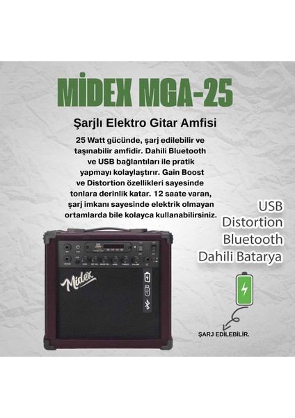 MGA-25BN-PAK Elektro Gitar Amfisi 25 Watt USB Bluetooth ve Şarjlı (Amfi Mikrofon Stand Kulaklık Jack Kablo) fiyatları