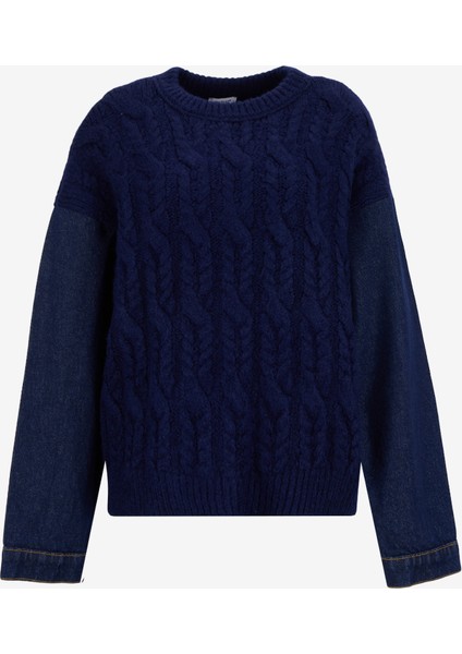 Bisiklet Yaka Relaxed Düz Örgü Desenli Lacivert Kazak Kadın M5WL-KZK1092