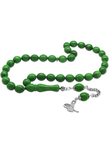 Kararmaz Metal Arnavut Zincir Tuğra Püsküllü Özel Kesim Yeşil Sıkma Kehribar Tesbih