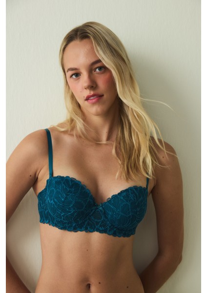 Petrol Yeşili Pop Up Dantelli Balenli Push Up Sütyen