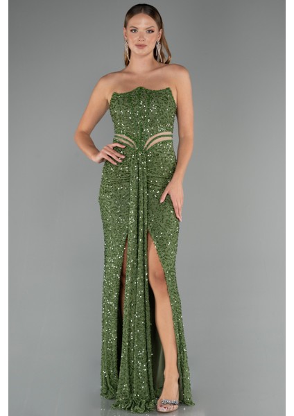 Straplez Bacak Dekolteli Uzun Pul Payet Abiye ABU5185