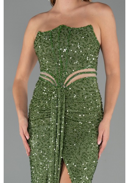 Straplez Bacak Dekolteli Uzun Pul Payet Abiye ABU5185 modelleri