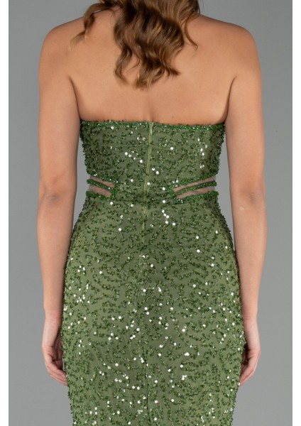 Straplez Bacak Dekolteli Uzun Pul Payet Abiye ABU5185 fırsatları