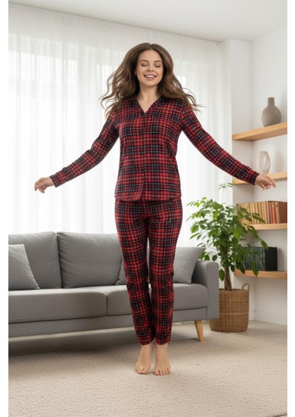 Kaliteli Süet Kumaştan Düğmeli Uzun Kollu Pijama Seti Ev Giyim Takımı | Kadın Pijama Takımı