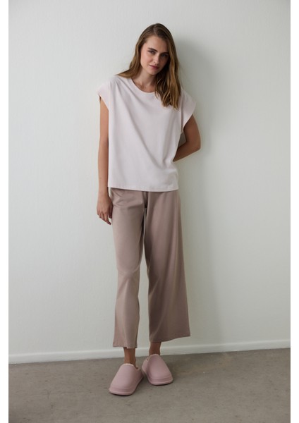 Bej Weekend Time Bisiklet Yaka Pamuklu Kısa Kollu Pijama Üstü