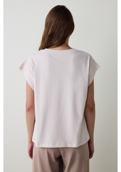 Bej Weekend Time Bisiklet Yaka Pamuklu Kısa Kollu Pijama Üstü