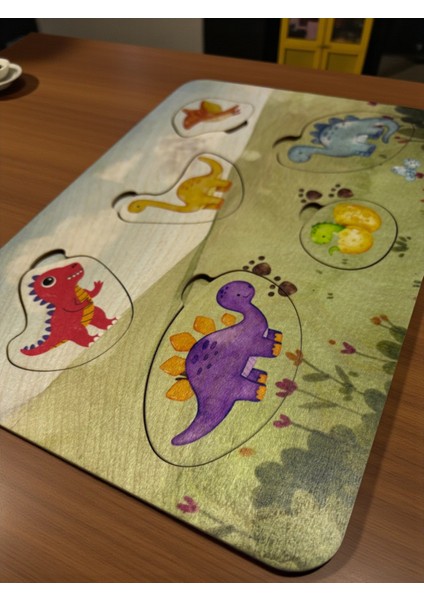 Dino Dünyası, Ahşap Çocuk Puzzle, Yapboz, Renkli Dinozor Yapboz, Ahşap Puzzle, 6 Parça modelleri