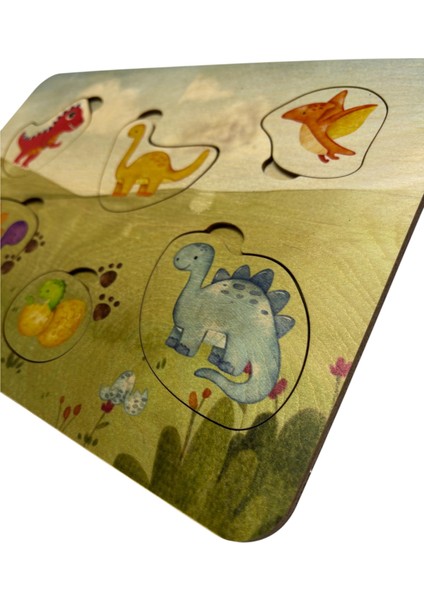 Dino Dünyası, Ahşap Çocuk Puzzle, Yapboz, Renkli Dinozor Yapboz, Ahşap Puzzle, 6 Parça