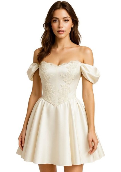 2584 El Yapımı Büstiyer ve Etek 2'li Takım Işıltılı Saten Gelinlik - 38 / 40 Beden