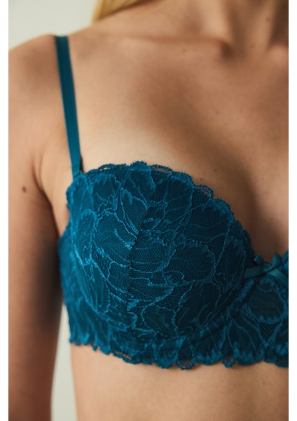Petrol Yeşili Pop Up Dantelli Balenli Push Up Sütyen