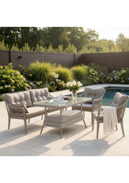 Kaş 3+1+1+Masa Rattan Bahçe Balkon Mobilyası,RATTAN GRİ / KUMAŞ GRİ
