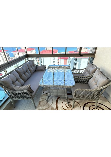 Kaş 3+1+1+Masa Rattan Bahçe Balkon Mobilyası,RATTAN GRİ / KUMAŞ GRİ fiyatları