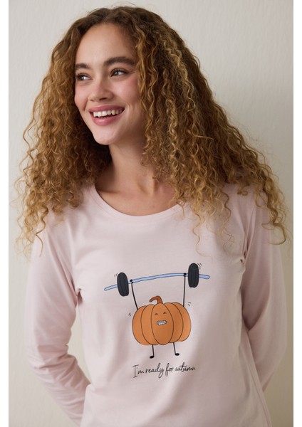 Balkabağı Desenli Bisiklet Yaka Pamuklu Uzun Kollu Pijama Takımı