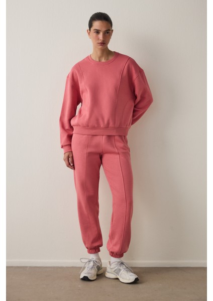 Çöl Gülü Oversize Bisiklet Yaka Crop Sweatshirt