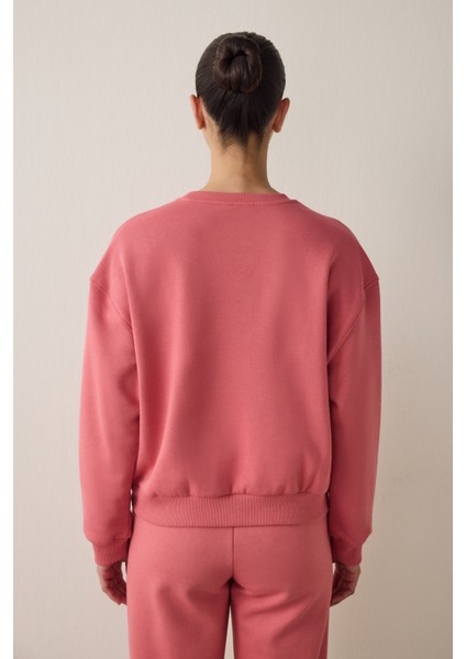 Çöl Gülü Oversize Bisiklet Yaka Crop Sweatshirt