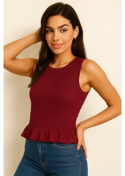 Likralı Kadın Sıfır Kol Volanlı Bluz-Crop fırsatları