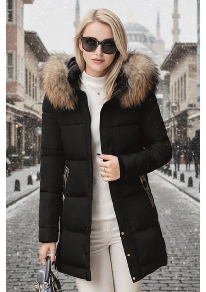 Orta Boy Kışlık Kürk Yaka Kapüşonlu Şişme Kadın Mont co7112syh2 modelleri