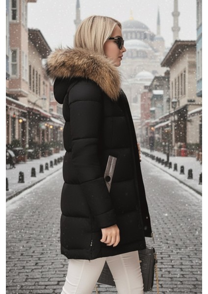 Orta Boy Kışlık Kürk Yaka Kapüşonlu Şişme Kadın Mont co7112syh2 fırsatları