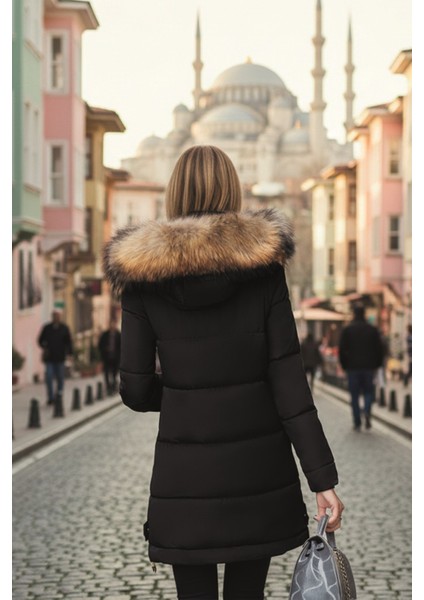 Orta Boy Kışlık Kürk Yaka Kapüşonlu Şişme Kadın Mont co7112syh2 indirimleri