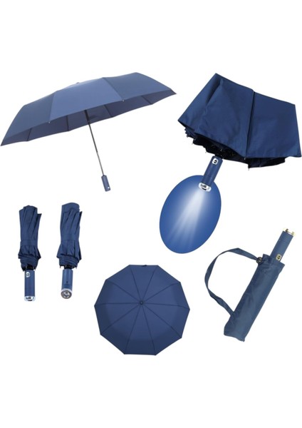 LED Işıklı Otomatik Katlanabilir Şemsiye – Mavi, Rüzgara Dayanıklı, Su Geçirmez