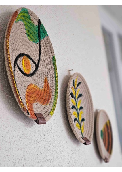 El Yapımı Yeşil Sarı Akrilik Boyalı Jüt Duvar Dekoru Seti (16-19-22 Cm) | Patiska Tasarım