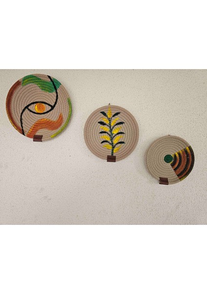 El Yapımı Yeşil Sarı Akrilik Boyalı Jüt Duvar Dekoru Seti (16-19-22 Cm) | Patiska Tasarım modelleri
