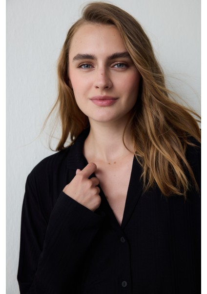 Siyah Fitilli Gömlek Yaka Uzun Kollu Düğmeli Pijama Takımı