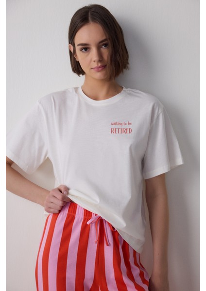 Mercan Chill Day Bisiklet Yaka Çizgili Pamuklu Kısa Kol Pijama Takımı