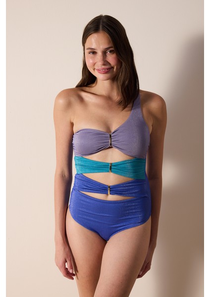 Dora Tek Omuz Simli Çok Renkli Mayo