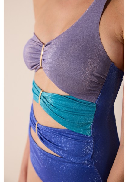 Dora Tek Omuz Simli Çok Renkli Mayo