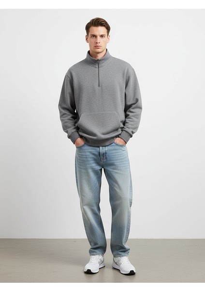 Uzun Kollu Yarım Fermuarlı Antrasit Sweatshırt