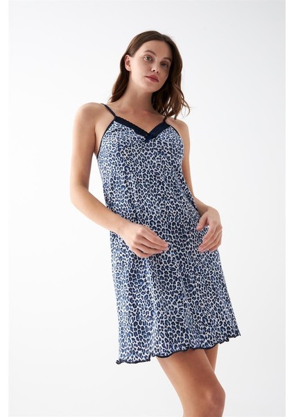 Modaserdem Kadın Mavi Leopar Desenli Dantel Detaylı Ip Askılı Gecelik fiyatları